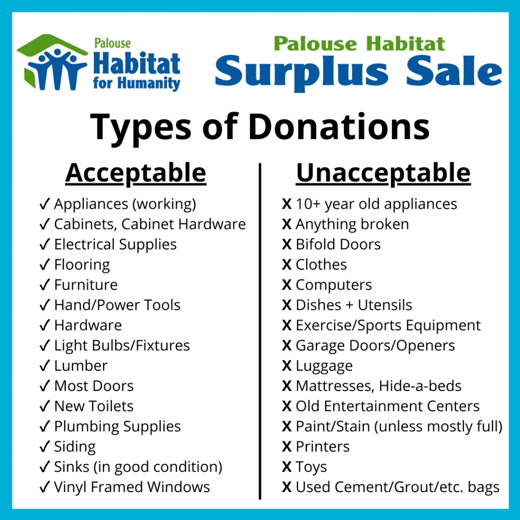 Palouse Habitat Surplus Sale Types of Donations Palouse Habitat for