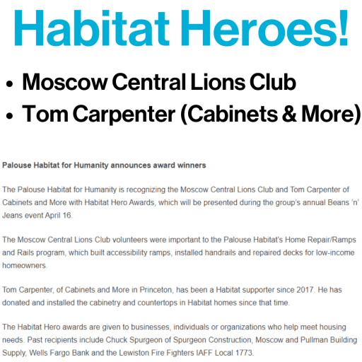 PHFH announces Moscow Lions and Tom Carpenter as recipients of the Habitat Hero Award.